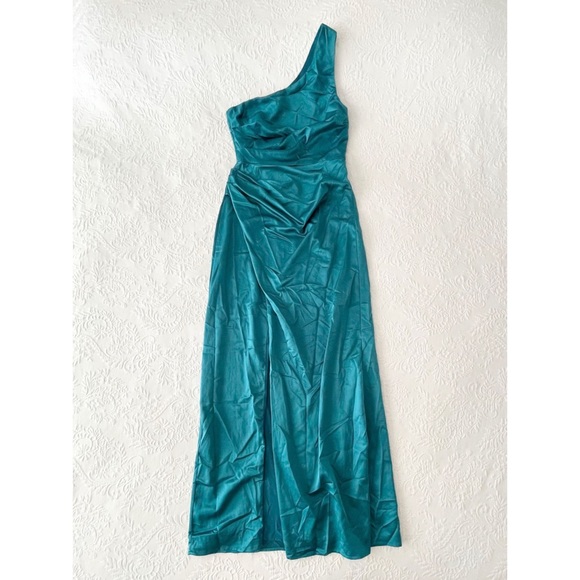 NWOT Lulus Dreaming of Elegance Dark Teal Satin One-Shoulder Maxi Dress Medium - Picture 2 of 7